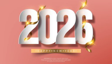 2026 Mutlu Yıllar Tasarımı Beyaz Sayılar Altın Kurdeleler Pembe Arkaplan Festivali