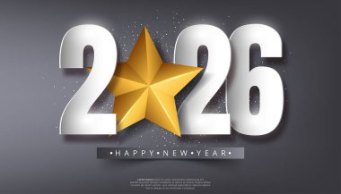 Koyu gri arka planda altın yıldızlı beyaz sayılar ile 2026 Yeni Yıl Tasarımı