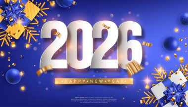 2026 Yeni Yıl tebrik kartı tasarımı Mavi arka plan beyaz numaralar altın konfeti hediyeleri ve mavi süslemeler