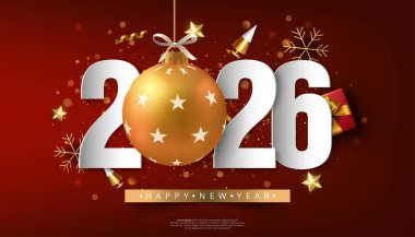 2026 Yeni Yıl İllüstrasyonu Altın sarısı beyaz rakamlar kırmızı üzerine kar taneleri hediye ediyor