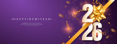 Mutlu yıllar 2026 tebrik kartı tasarımı altın kurdele ve konfeti ile mor arka plan