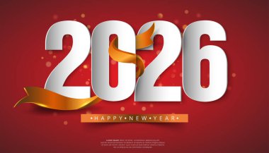 2026 Yeni Yıl Tasarımı Kırmızı Arkaplanda Altın Kurdeleli Beyaz Sayılar