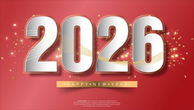 2026 Yeni Yıl Tasarımı Kırmızı Arkaplanda Altın Aksanlı Beyaz Sayılar
