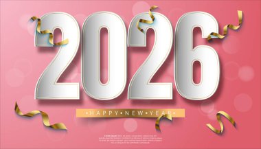 2026 Yeni Yıl Tasarımı Pembe Arkaplanda Altın Kurdeleli Beyaz Sayılar