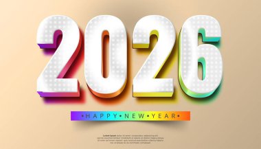 2026 yılının renkli ışık aksanları ve Mutlu Yıllar metinleriyle geniş aydınlatılmış üç boyutlu bir grafiği.