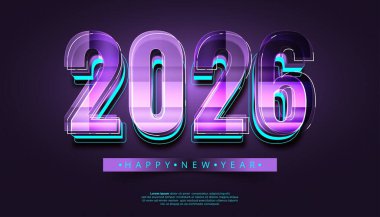 2026 yılının 3 boyutlu canlandırması, parlak mor ve cyan sayılar ile yeni yıl bayrağı ile koyu bir arkaplan üzerine kurulmuştur.