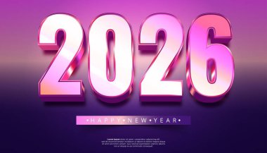 Parlak metalik 3D numaralar 2026 gradyan mor arka planda aşağıda neşeli bir Yeni Yıl bayrağı ile belirlenmiştir.