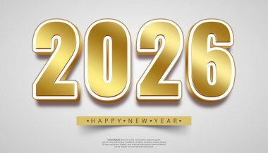 2026 yılının şenlikli bir tasviri. Beyaz bir özetle vurgulanan üç boyutlu altın rakamlar ve tebrik mesajı. Mutlu yıllar.