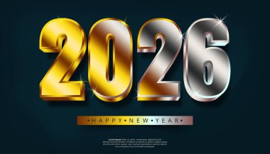 2026 yılının 3 boyutlu yorumlaması altın ve gümüşle parıltılı efektler ve karanlık bir arkaplan üzerine Mutlu Yıllar metni