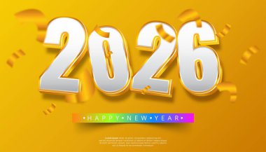 2026 sayısının yer aldığı 3D şölen grafiği. Düşen altın konfetiyle güçlendirilmiş sarı arka planda altın aksanlı.