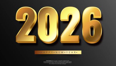 2026 yılını büyük, parlak, üç boyutlu rakamlarla kutlayan bir grafik. Mutlu Yıllar afişi olan koyu bir arkaplan karşısında.
