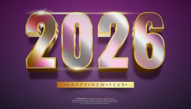 Bu resim 2026 rakamlarını parlak bir 3 boyutlu olarak gösteriyor. Mor bir zemin üzerinde altın bir kenar ve yeni yılı kutlayan bir mesaj var.