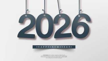 2026 yılı koyu mavi sayılar asılarak gösteriliyor. Temiz beyaz bir arkaplan üzerine gölge efekti ve Mutlu Yıllar afişi ile.