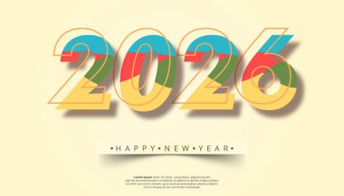 2026 sayılı modern grafik renkli ve soyut bir tarzda Mutlu Yıllar metni eşliğinde.
