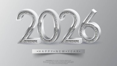 Cesur 3D numaralar 2026 'yı anons ediyor. Yeni yılınız parlak bir gümüş kaplama ile aydınlık, gri bir arkaplan ve ince bir gölgeyle kutlanıyor.