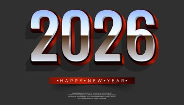 Cesur bir 3D krom grafiği 2026 yılını, koyu dokulu bir arka plana karşı neşeli bir Mutlu Yıllar mesajıyla gösterir.