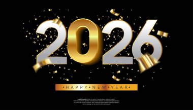 2026 yılının koyu gümüş ve altın rakamlı bir grafiği. Düşen altın konfetiyle süslenmiş siyah bir zemin ve 