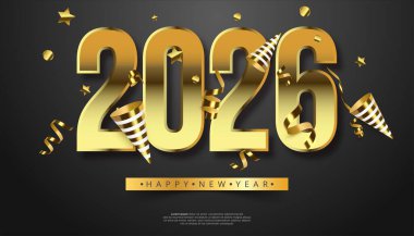 Parti elementleri olan şenlikli altın 2026 rakamları yıldız ve konfeti gibi koyu arkaplan üzerine kurulmuş.