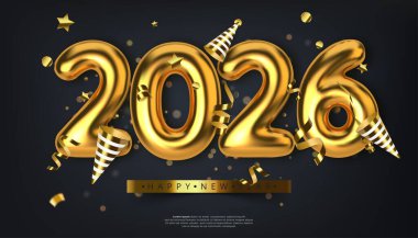 2026 'yı heceleyen altın balonlar parti patlatıcılarıyla süslenmiş ve karanlık bir kutlama zeminine konfeti serpiştirilmiş.