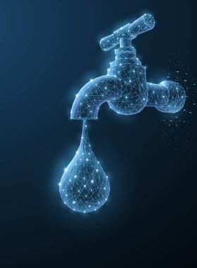 Çak bakalım. Soyut 3D çokgen kablosuz eski su musluğu maviye izole edildi. Banyo, çevre koruma, ekoloji sembolü. Musluk ekipmanları, temiz sıvı konsept modern vektör illüstrasyonu veya arkaplan