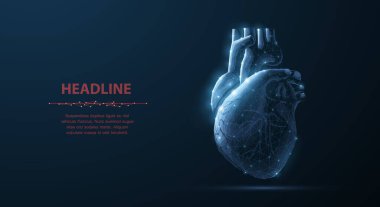 Kalp. Soyut 3D vektör insan kalbi maviye izole edilmiş. Anatomi, kardiyoloji, organ sağlığı, tıp bilimi, hayat sağlığı, kardiyo hastalığı konsepti illüstrasyon veya geçmiş