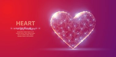Kalp. Soyut çokgen kalp kırmızı ve mor arkaplanda nokta ve yıldızlarla izole edilir. Sevgililer Günü, düğün, kalp sağlığı, mutlu romantik, tıbbi bakım, aşk konsepti