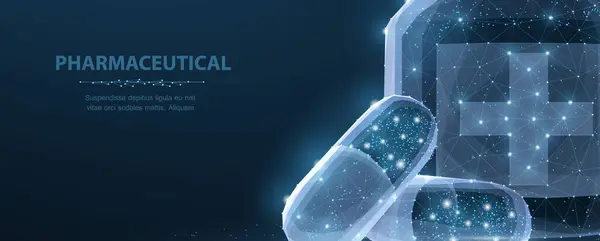 Haplar. Mavi arka plan yakınında soyut çokgen telli iki kapsül hapı. Tıbbi, eczane, sağlık, vitamin, antibiyotik, ilaç, tedavi konsepti illüstrasyon veya geçmiş