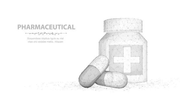 Haplar. Soyut 3D çizim beyaz arka planda izole edilmiş şişenin yanında iki kapsül hapı. Tıbbi eczane, sağlık, vitamin, antibiyotik ilaç, tedavi konsepti