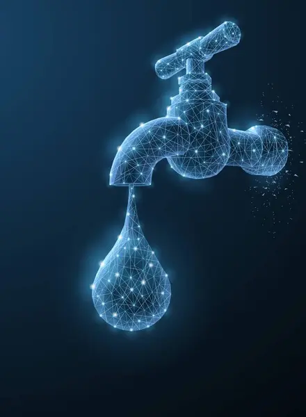 Çak bakalım. Soyut 3D çokgen kablosuz eski su musluğu maviye izole edildi. Banyo, çevre koruma, ekoloji sembolü. Musluk ekipmanları, temiz sıvı konsept modern vektör illüstrasyonu veya arkaplan