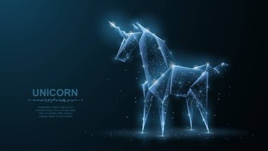Tek boynuzlu at. Soyut vektör origami kağıt unicorn mavi üzerine izole. Sihir, fantezi at rüyası, mucize inanmak ya da dilek sembolü. Asya, Japon sanatı, origami konsepti illüstrasyon veya arka plan