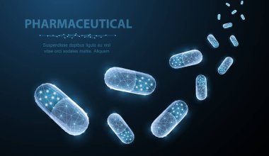 Haplar. Mavi üzerine düşen soyut çokgen kapsül hapları. Tıbbi, eczane, sağlık, vitamin, antibiyotik, ilaç, tedavi konsepti illüstrasyon veya geçmiş