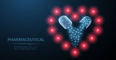 Kalp için ilaç verin. Mavi üzerinde kalp sembolü olan iki kapsül hapı soyut çokgen telgraf. Tıbbi antibiyotik, sağlık eczanesi, vitamin ilacı, tedavi konsepti illüstrasyon veya geçmiş