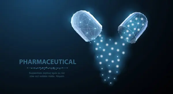 Haplar. Mavi üzerine soyut çokgen kablo iki kapsül hapı. Tıbbi, eczane, sağlık, vitamin, antibiyotik, ilaç, tedavi konsepti illüstrasyon veya geçmiş