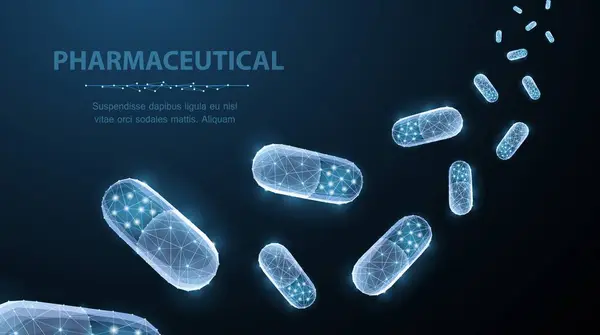 Haplar. Mavi üzerine düşen soyut çokgen tel kapsül hapları. Tıbbi, eczane, sağlık, vitamin, antibiyotik, ilaç, tedavi konsepti illüstrasyon veya geçmiş
