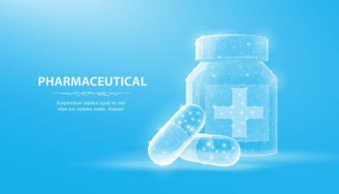 Hap. Soyut 3d illüstrasyon şişe yakınında iki kapsül hapları mavi arka plan üzerinde izole. Tıp, eczacılık, sağlık, vitamin, antibiyotik, ilaç, tedavi kavramı
