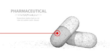 Haplar. Soyut 3D yakın çekim illüstrasyon beyaz zemin üzerinde kırmızı çizgi olan iki kapsül hapı. Tıbbi eczane, sağlık, vitamin, antibiyotik ilaç, tedavi konsepti