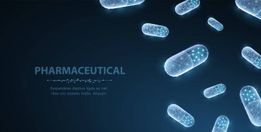 Haplar. Mavi masadaki soyut vektör çokgen kapsül hapları. Tıbbi, eczane, sağlık vitamini, antibiyotik kapsül, ilaç, tedavi konsepti illüstrasyon veya geçmiş