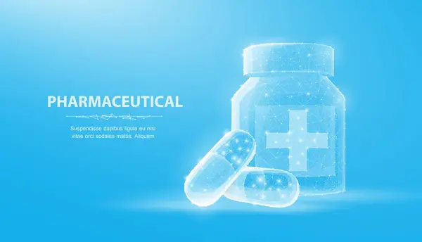 Hap. Soyut 3d illüstrasyon şişe yakınında iki kapsül hapları mavi arka plan üzerinde izole. Tıp, eczacılık, sağlık, vitamin, antibiyotik, ilaç, tedavi kavramı