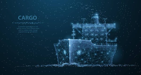 Worldwide cargo ship. Polygonal wireframe mesh art looks like constellation on dark blue night sky with dots and stars. Transportation, logistic, shipping concept illustration or background