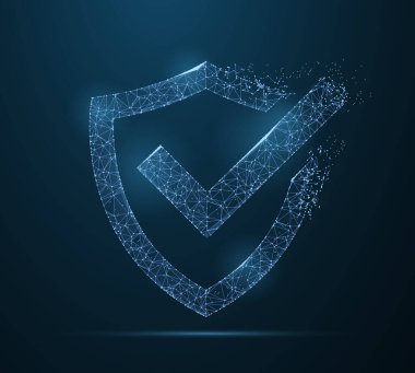 Kalkanları kontrol et. Çokgen kablo örgüsü sanatı koyu mavi gökyüzünde noktalı ve yıldızlı takım yıldızına benzer. Güvenlik, güvenlik, mahremiyet veya diğer konsept illüstrasyon veya özgeçmiş