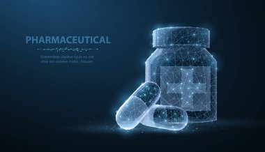 Haplar. Mavi arka plan yakınında soyut çokgen telli iki kapsül hapı. Tıbbi, eczane, sağlık, vitamin, antibiyotik, ilaç, tedavi konsepti illüstrasyon veya geçmiş