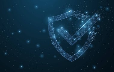 Kalkanları kontrol et. Çokgen kablo örgüsü sanatı koyu mavi gökyüzünde noktalı ve yıldızlı takım yıldızına benzer. Güvenlik, güvenlik, mahremiyet veya diğer konsept illüstrasyon veya özgeçmiş