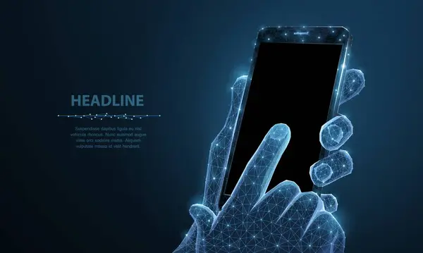 Cep telefonu. İnsan eli ve parmaklarını tutarken boş siyah ekranı olan soyut çokgen yakın plan cep telefonu. Koyu mavi arka plan. İletişim uygulaması akıllı telefon kavramı