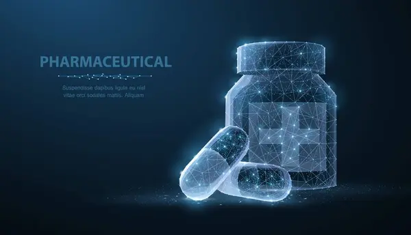 Haplar. Mavi arka plan yakınında soyut çokgen telli iki kapsül hapı. Tıbbi, eczane, sağlık, vitamin, antibiyotik, ilaç, tedavi konsepti illüstrasyon veya geçmiş
