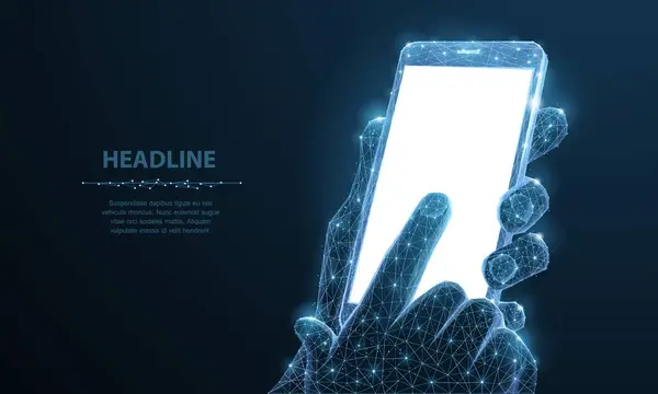 Cep telefonu. İnsan eli ve parmaklarını tutarken boş beyaz ekranlı soyut çokgen yakın plan cep telefonu. Koyu mavi arka plan. İletişim uygulaması akıllı telefon kavramı