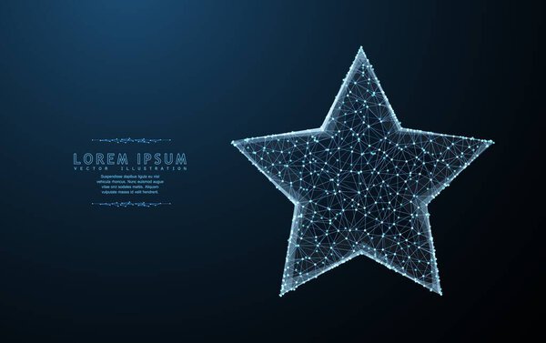 Star. Polygonal wireframe mesh art with crumbled edge on blue night sky with dots, stars and looks like constellation. Holiday, success illustration or background.