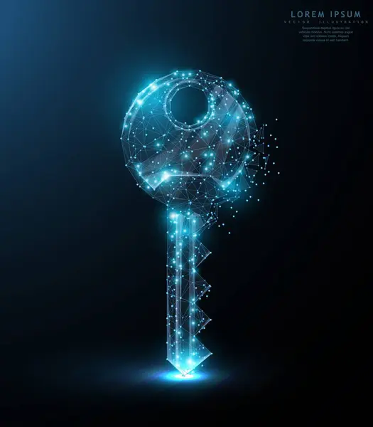 Anahtar. Noktalı, yıldızlı ve takımyıldızlı mavi gökyüzünde parçalanmış kenarlı çokgen telli ağ sanatı. Güvenlik, başarı, çözüm konsepti illüstrasyon veya arkaplan