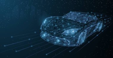 Vector yüksek hızlı araba gece sürücüsü. Lacivert arka plan yıldızları üzerinde soyut kablo düşük poy araba çizimi, farlar açık. Ulaşım, hızlı sürüş, araç yolculuğu konsepti