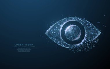 Göz. Noktalı ve yıldızlı mavi gökyüzünde parçalanmış kenarlı çokgen kablo ağ simgesi ve takımyıldızı gibi görünüyor. Görüş, sağlık, optik, saat veya diğer konsept illüstrasyon veya arka plan