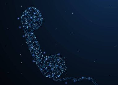 Telefon ahizesi. Parçalanmış kenarı olan düşük poligramlı kablo örgüsü ve koyu mavi arka planda yıldızlı takımyıldızı andırıyor. İletişim, telekomünikasyon sembolü. Resim veya arkaplan